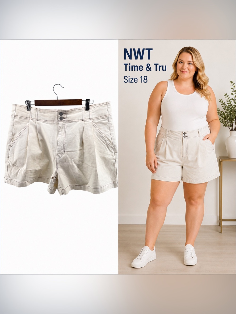 Time & Tru Ivory High-Rise Pleated Denim Shorts Size 18 NWT Casual Summer